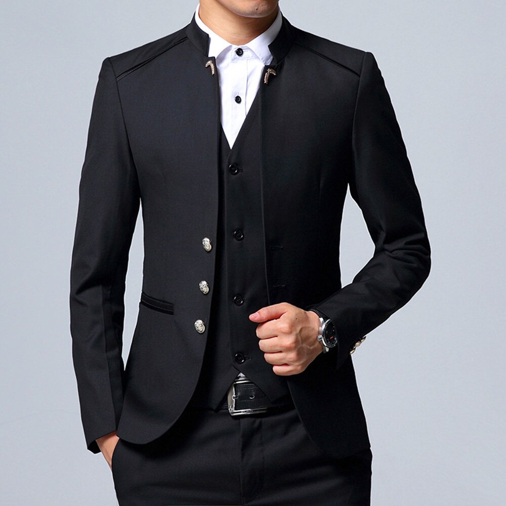Men's Social Classic 3Piece Suit For Men Slim Fit Business Blazer Set Stand Collar Formal Wedding Suit(Jacket+Pants+Vest)