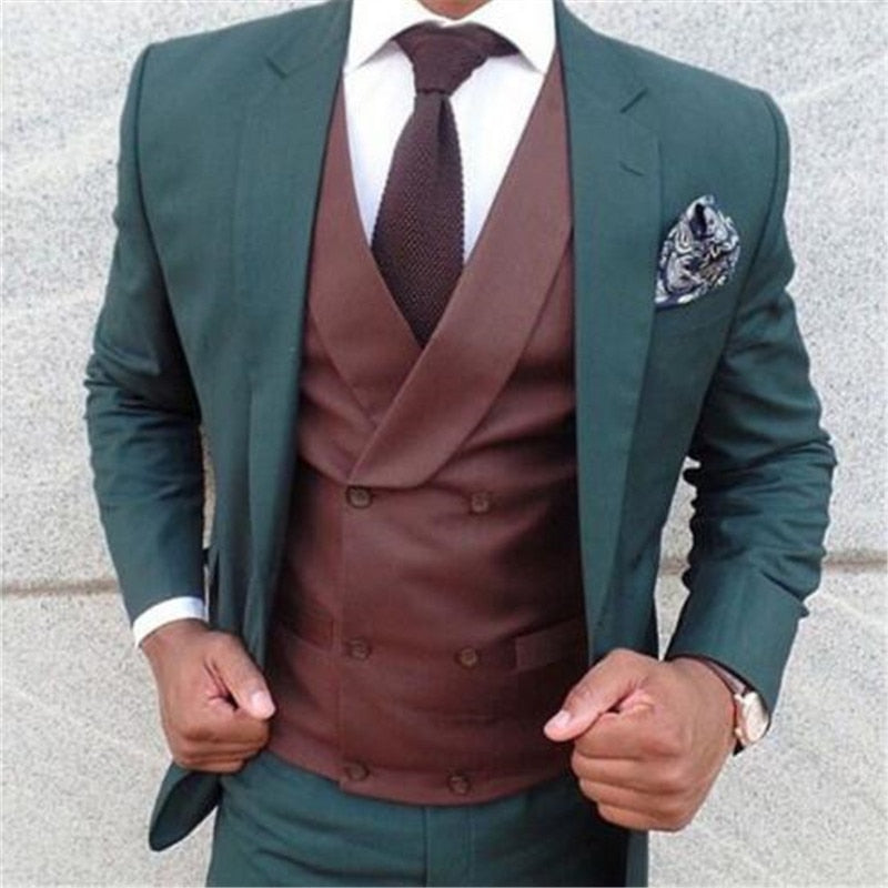 Dark Green Men Suits for Wedding 3 Pieces (Jacket+Pant+Vest+Tie) Slim Fit Groom Blazer
