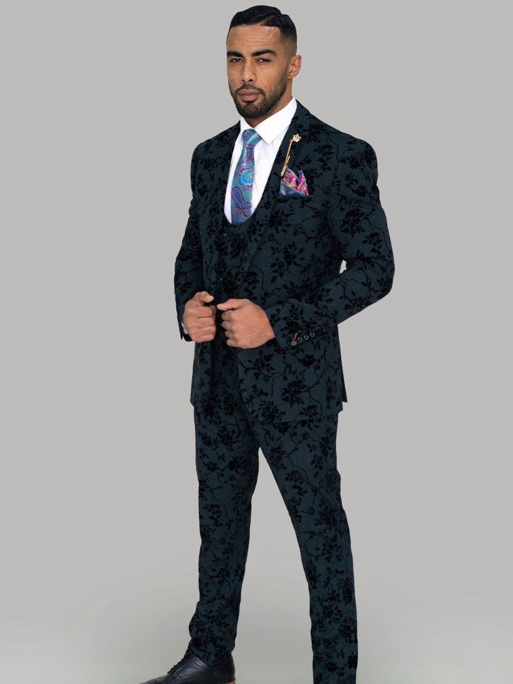 Men's Suit Fashion Dark Green Jacquard Slim 3 Pieces Formal Business Banquet Groom Wedding Dress(Jacket+Pants+Vest