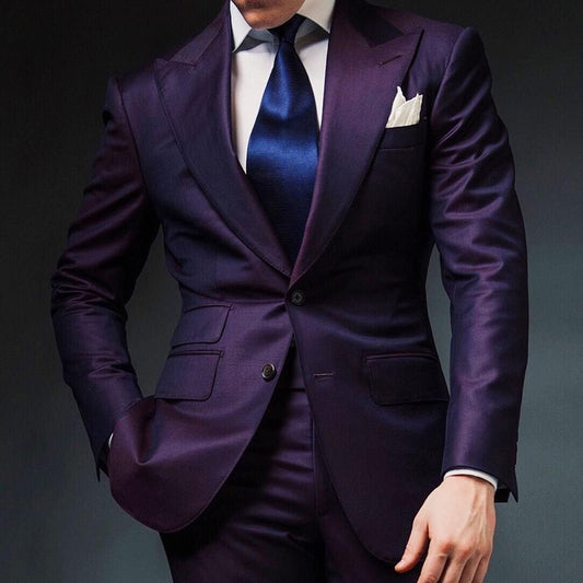 Men Suits Formal Peaked Lapel Slim Fit Suit Purple Tuxedo Groom 2 Piece Set Wedding Suits (Jacket+Pant)