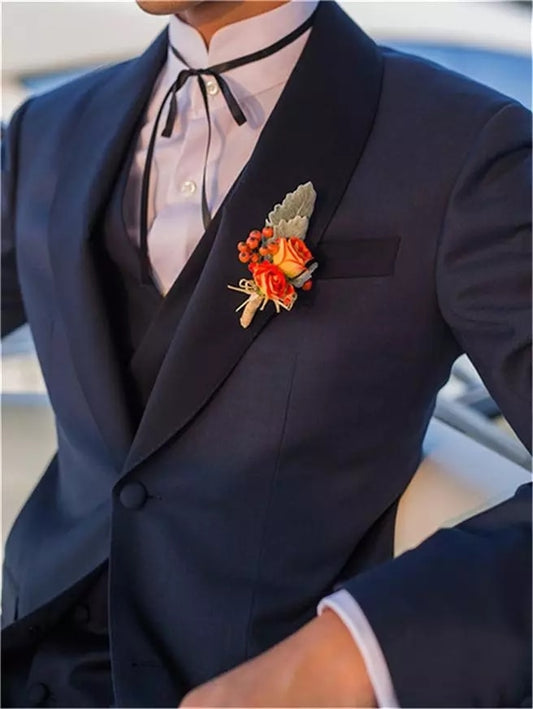 Shawl Lapel Groom Tuxedos for Wedding Slim Fit Two Buttons Formal Men Suits Prom Dinner Best Man Blazer (Jacket+Pants+Vest )