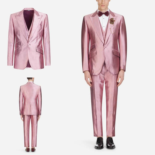 Shinny Pink Wedding Men Suits Peaked Lapel One Button  Groom Prom Blazer Slim Fit 3 Pcs (Jacket+Pant+Vest)
