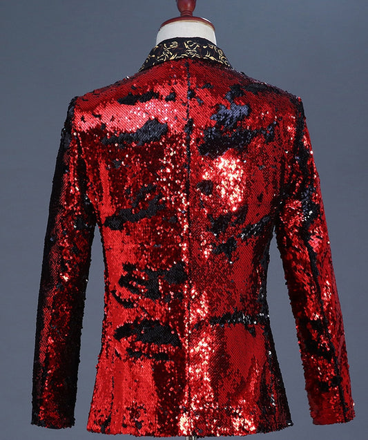 Blazer de costume à paillettes rouge brillant pour homme, col châle, veste de costume à paillettes pour chanteur, DJ, club, scène