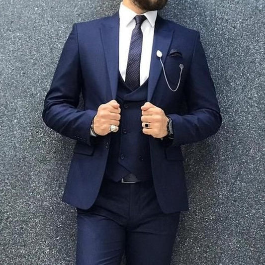 Slim Fit Formal Men Suits with Double Breasted Waistcoat Navy Blue Jacket Pants 3 Piece Wedding Tuxedo for Groom