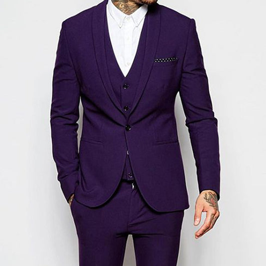 Slim fit Purple Casual Suits 3 piece Groomsmen Tuxedo with Shawl Lapel Man Costume Wedding Set Jacket Vest Pants