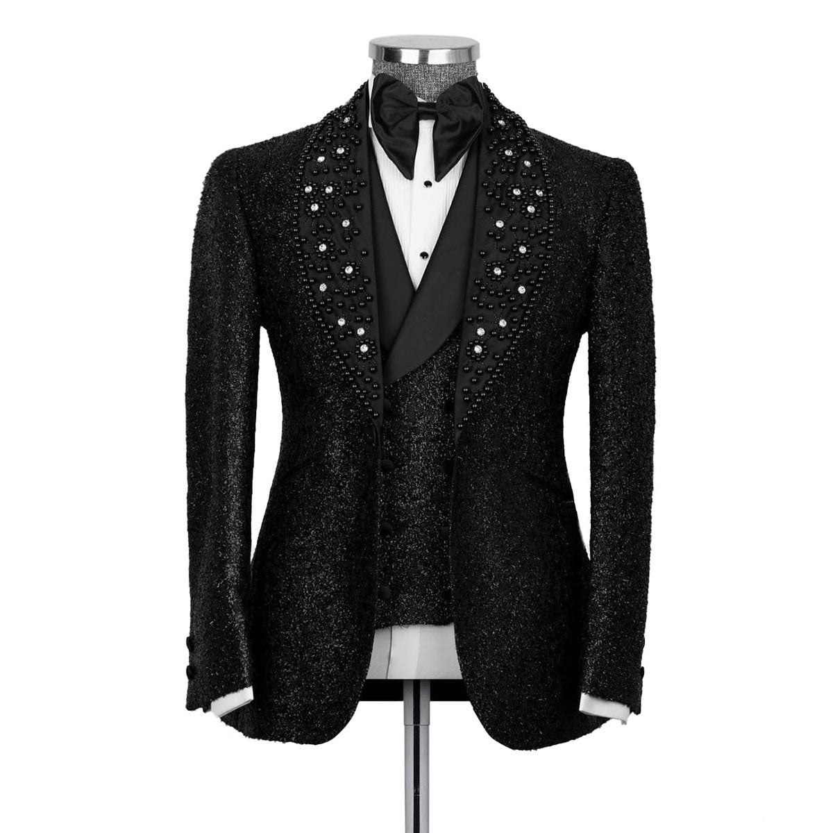 Sparkly Sequins Men Wedding Tuxedos 3 Pieces Crystal Beads Peaked Lapel Outfits Wedding Pants Sets