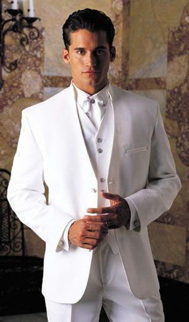 Stand Collar White Tuxedos Wedding Suits 3 Pieces Costume Homme Groom Wedding Terno Slim fit Blazer