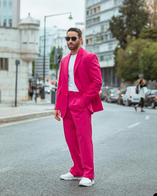 Costume 2 pièces fuchsia pour homme, tenue de soirée, de mariage, à revers pointu, smoking, ensemble blazer 