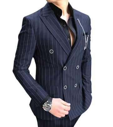 Stripe Double Breasted Suits Business Navy Blue Slim Fit Groom Tuxedo 2 Pieces Formal Blazer For Wedding (Jacket+Pants)