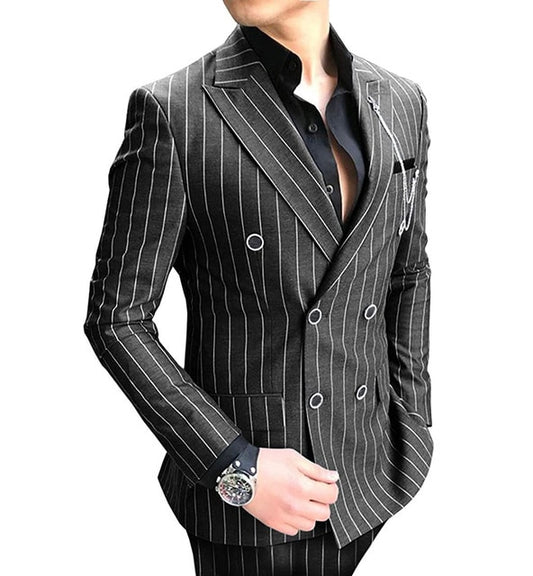 Stripe Double Breasted Suits Business Navy Blue Slim Fit Groom Tuxedo 2 Pieces Formal Blazer For Wedding (Jacket+Pants)