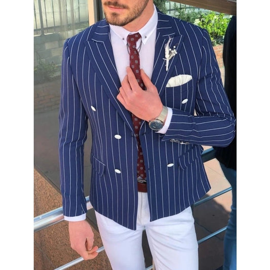 Stripe Peak Lapel Suits For Business Men 2 Piece Slim Fit Wedding Groom Tuxedo Double Breasted Blazer ( Jacket+Pants )