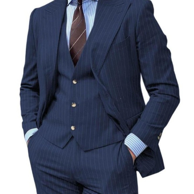 Stripe Wedding Groom Tuxedo Formal Business Men Suits Slim Fit Peaked Lapel Best Blazer 3 Pcs Custome ( Jacket+Pant+Vests )