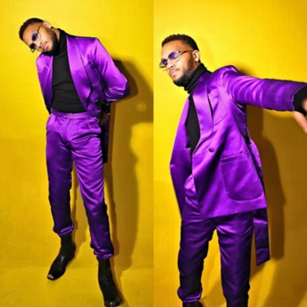Men's Purple Satin 2-Piece Blazer Suit Set Tuxedo for Wedding & Stage