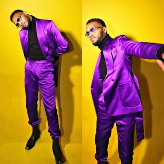 Costumes pour hommes en satin violet 2 pièces, costumes de scène de luxe, ensembles blazer italien, robe de mariée, smoking 