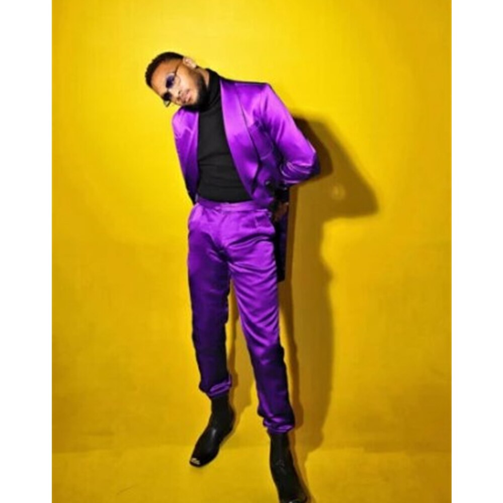 Trajes para hombre de satén morado, 2 piezas, trajes de escenario, conjuntos de blazer italiano de lujo, vestido de novia, esmoquin 