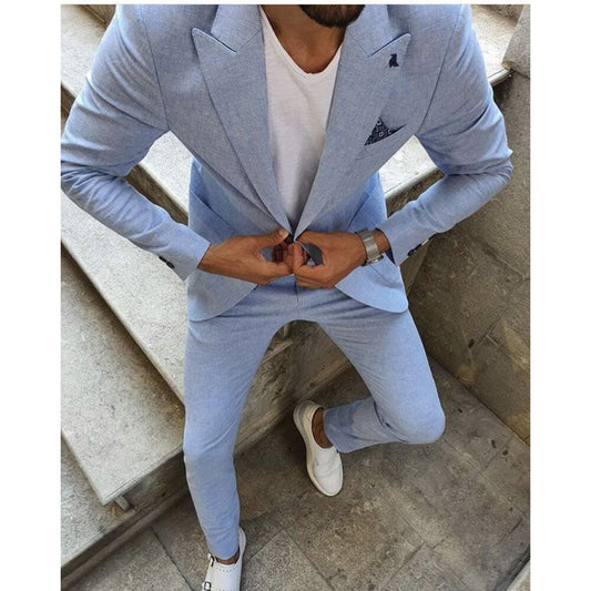 Suits Light Blue Slim Fit 2 Piece Jacket Pants Set Groom Wedding Peaked Lapel Tuxedo Formal Business Blazer