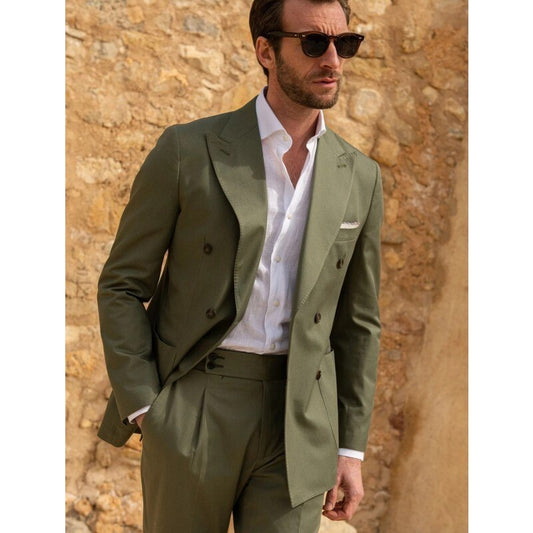 Summer Autumn Green Double Breasted Men Suit 2 Piece Costume Homme Tuxedo Formal Party Prom Wedding Groom Business Slim Blazer