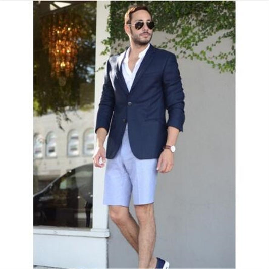 Costume de plage bleu d'été avec pantalon court pour homme, costume de bal, smoking de mariage vintage pour garçon d'honneur (veste + pantalon)