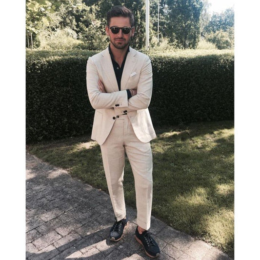 Summer Casual Beach Wedding Suits Men Tailored Beige Ivory Linen Best Man Party Prom Men Suits Slim Fit Terno 2pcs