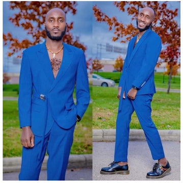 Summer Casual Blue Men Suits Slim Fit 2 Pieces With Belt Formal Wedding Groom Blazer Costume Homme Terno Jacket Pants
