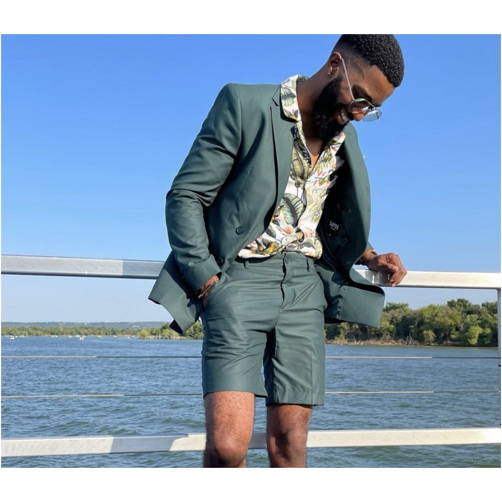 Summer Dark Green Men Suits Slim Fit 2 Pieces Double Breasted Long Sleeve Blazer With Shorts Casual Wedding Groom Daily Outfit