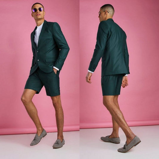 Smoking de mariage vert foncé d'été, tenue de plage courte à deux boutons, tenue de marié, dîner formel, bal de promo, blazer (veste + pantalon)