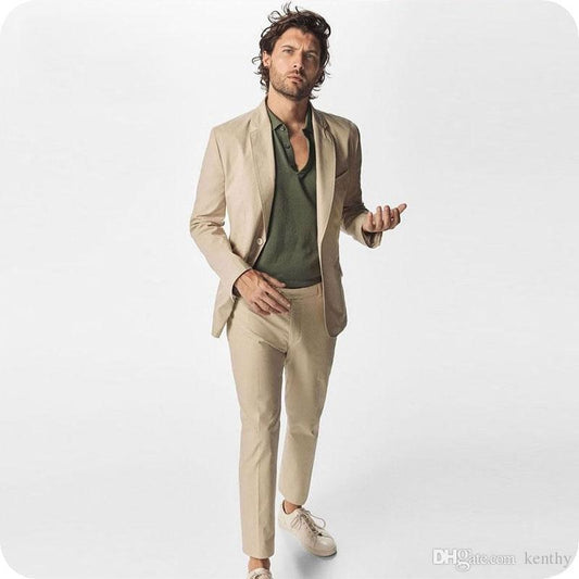 Summer Khaki Man Blazer Jacket Business Coat Pant Notched Lapel Costume Homme 2Piece Slim Fit Best Man Suit Men Wedding