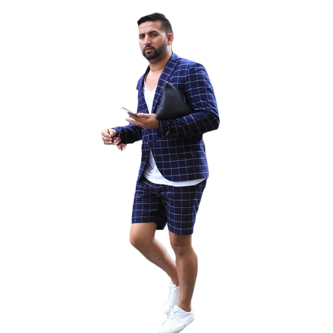 Summer Navy Check Men Short Suits Plus Size Wedding Blazer Suit Formal Jacket 2 Pieces