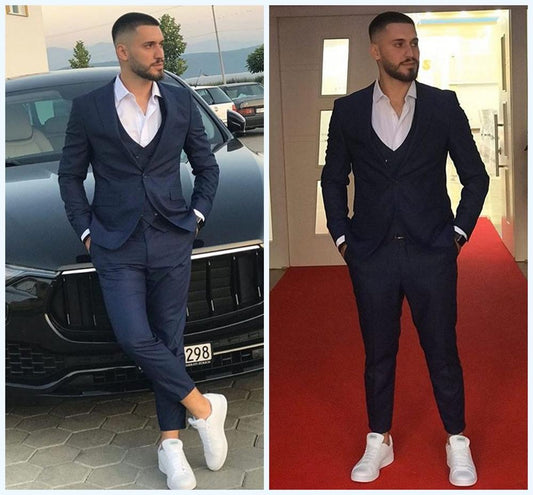 Summer Navy Men Suits Slim Fit One Button Groom Wedding Party Tuxedos( Jacket+Vest+Pants)