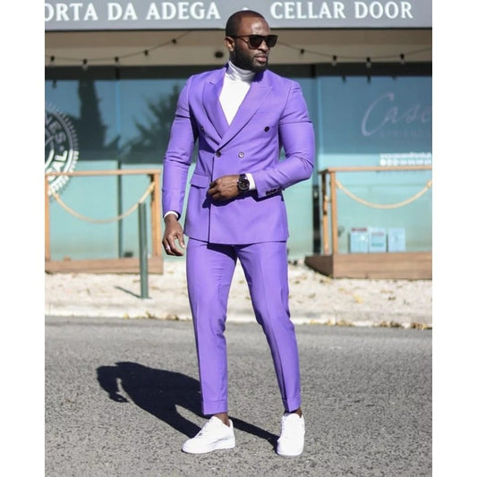 Summer Shiny Purple Men Suits Slim Fit 2 Pieces Custom Double Breasted Wedding Groom Clothes Outfit Casual Daily Set Blazer Pant