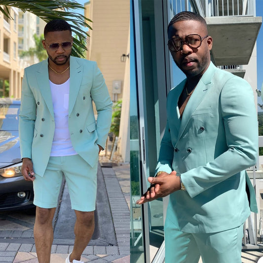 Summer Short Men Tuxedos Double Breasted Plus Size Business Wedding Blazer Suits Formal Prom Party Coat(Jacket+Pants)