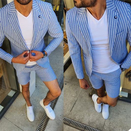 Costume 2 pièces à rayures bleu ciel pour homme, ensemble décontracté, pantalon court, revers pointu, blazer, manteau et pantalon 