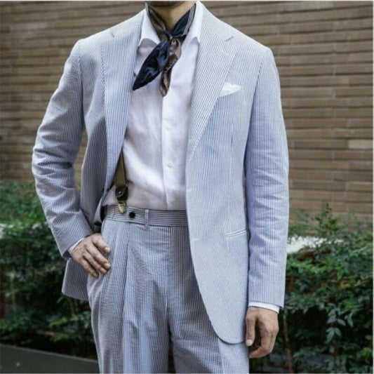 Summer Soft Casual Blue Striped Seersucker Men Suits 2 Pieces Leisure Beach Formal Tuxedos Single Breasted  Blazer Jacket+Pant