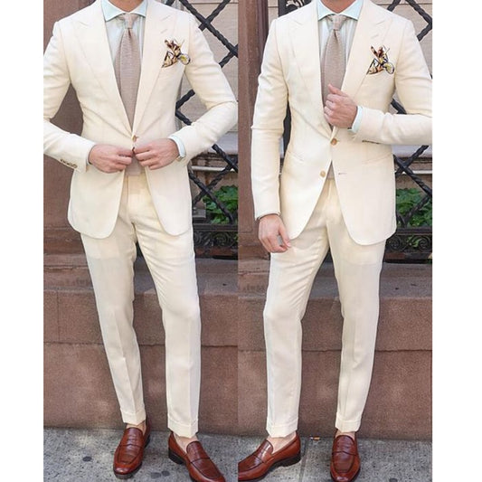 Tailor Made 2 Pieces Ivory Men Suit Slim Fit Groom Tuxedos  Wedding Business One Button Blazer Jacket Pants