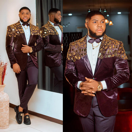 Smoking de mariage sur mesure pour homme, veste en velours avec perles de cristal, tenue de soirée formelle 2 pièces 