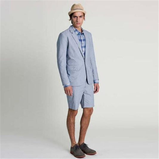 Costumes d'été décontractés bleu clair sur mesure, pantalon court, 2 pièces (veste, pantalon, cravate), blazer de mariage sur mesure Terno Beach 
