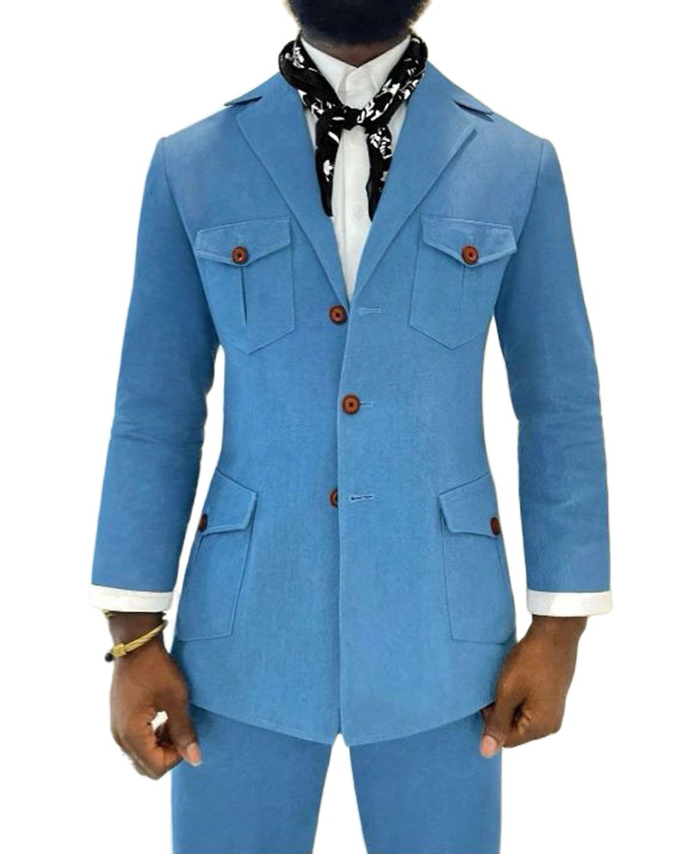 Tailored Men Safari Suits Light Blue Denim Coat Blazer Trousers 2pcs Jacket Pants Social Suit Dinner Party Wear