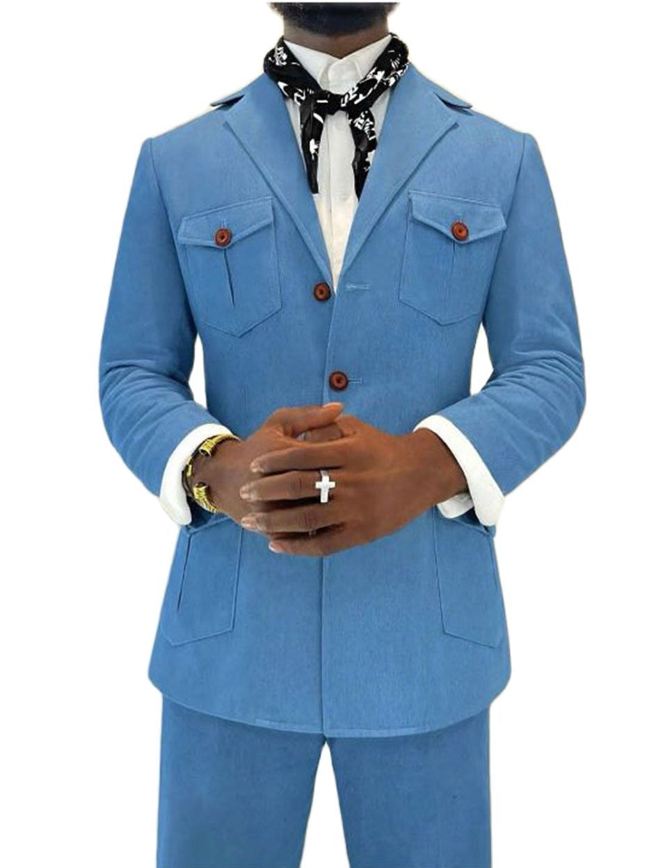 Tailored Men Safari Suits Light Blue Denim Coat Blazer Trousers 2pcs Jacket Pants Social Suit Dinner Party Wear