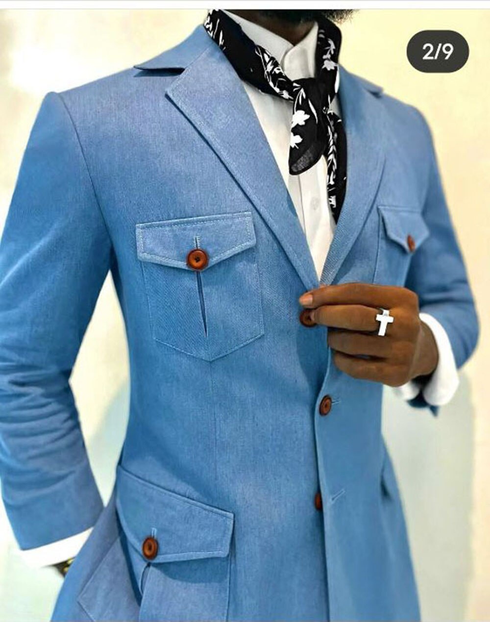 Tailored Men Safari Suits Light Blue Denim Coat Blazer Trousers 2pcs Jacket Pants Social Suit Dinner Party Wear