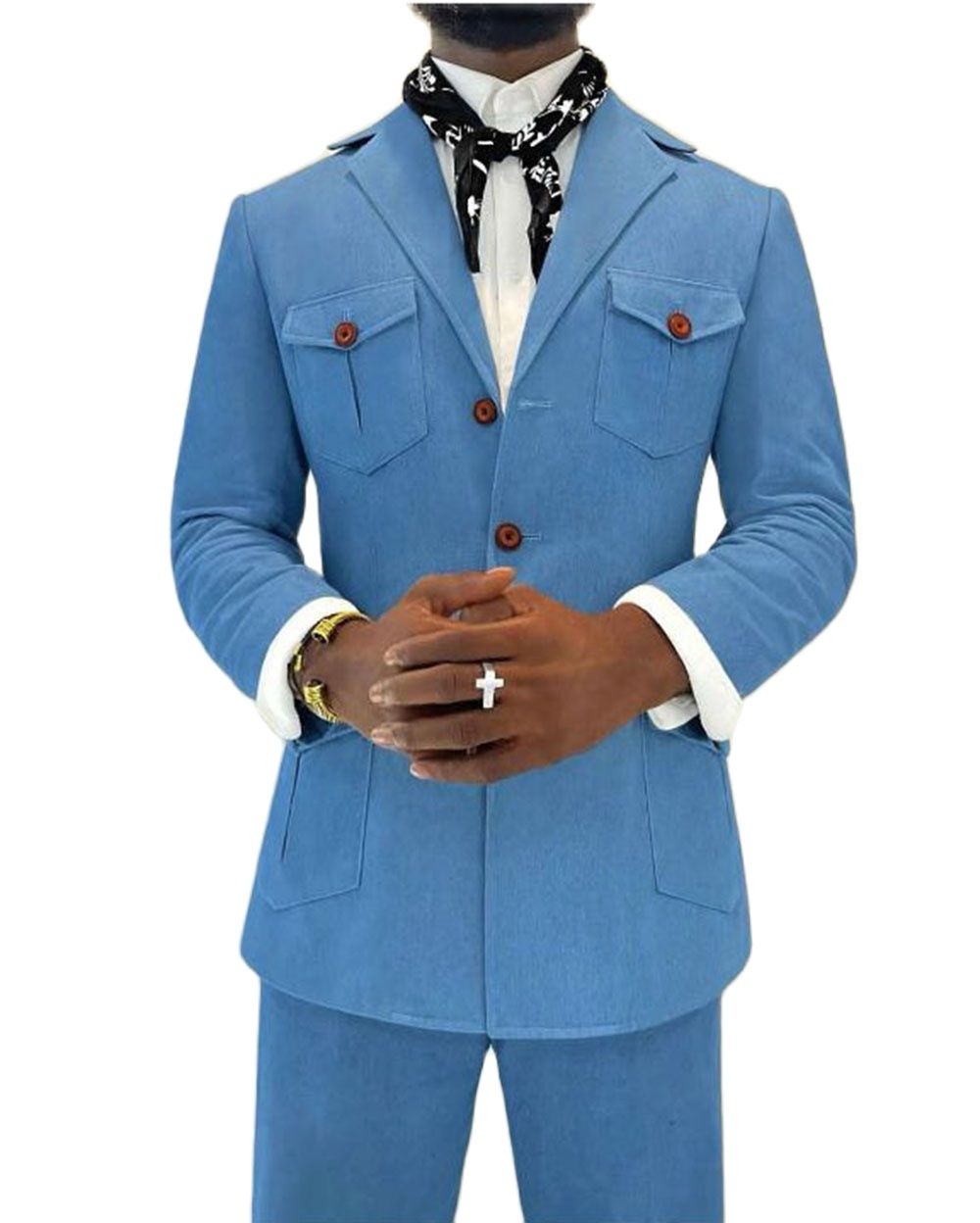 Tailored Men Safari Suits Light Blue Denim Coat Blazer Trousers 2pcs Jacket Pants Social Suit Dinner Party Wear