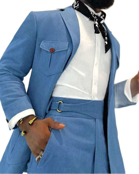 Costumes Safari sur mesure pour hommes, manteau en jean bleu clair, blazer, pantalon, costume homme 2 pièces, veste, pantalon, costume social, tenue de dîner 
