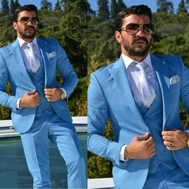 Formal Blue Men Suits Slim Tuxedos Peak Lapel Custom Made 3 Pieces