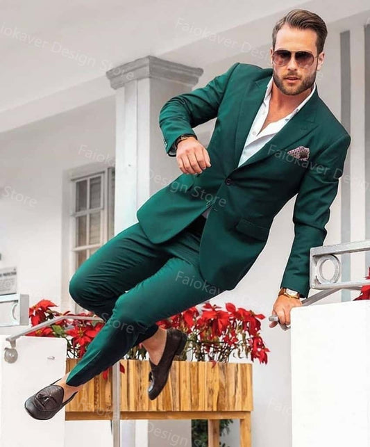 Two Pieces Green Men Suits for Wedding Groom Tuxedo Slim Fit Formal Business Prom Party Blazer Homme Jacket Pants