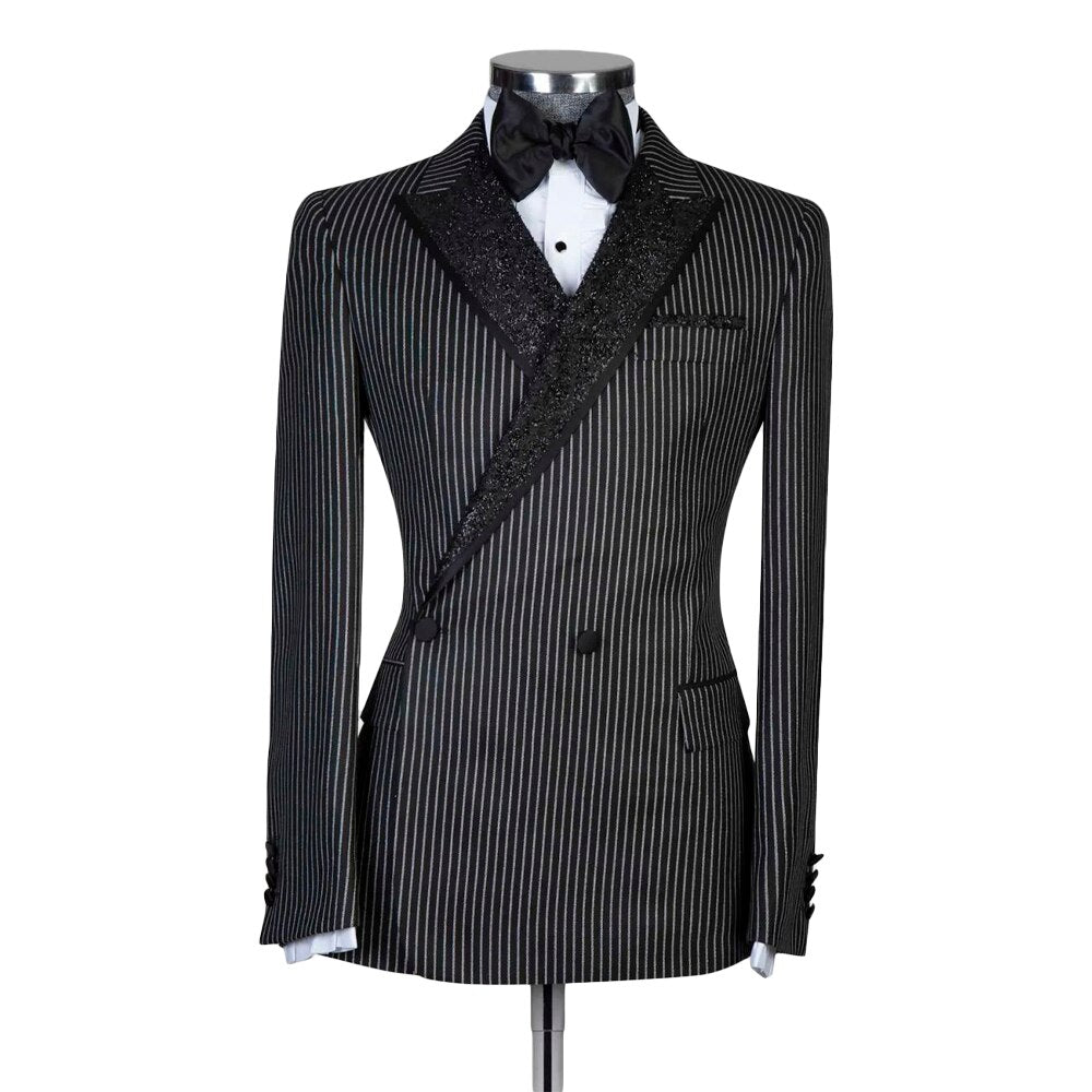 Two Pieces Men Suit Tailoe-Made Pinstripe Black Sequins Lapel Pants Double Breasted Wedding Business Formal Causal Prom Tailored