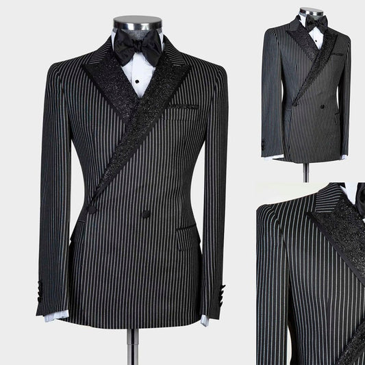 Two Pieces Men Suit Tailoe-Made Pinstripe Black Sequins Lapel Pants Double Breasted Wedding Business Formal Causal Prom Tailored