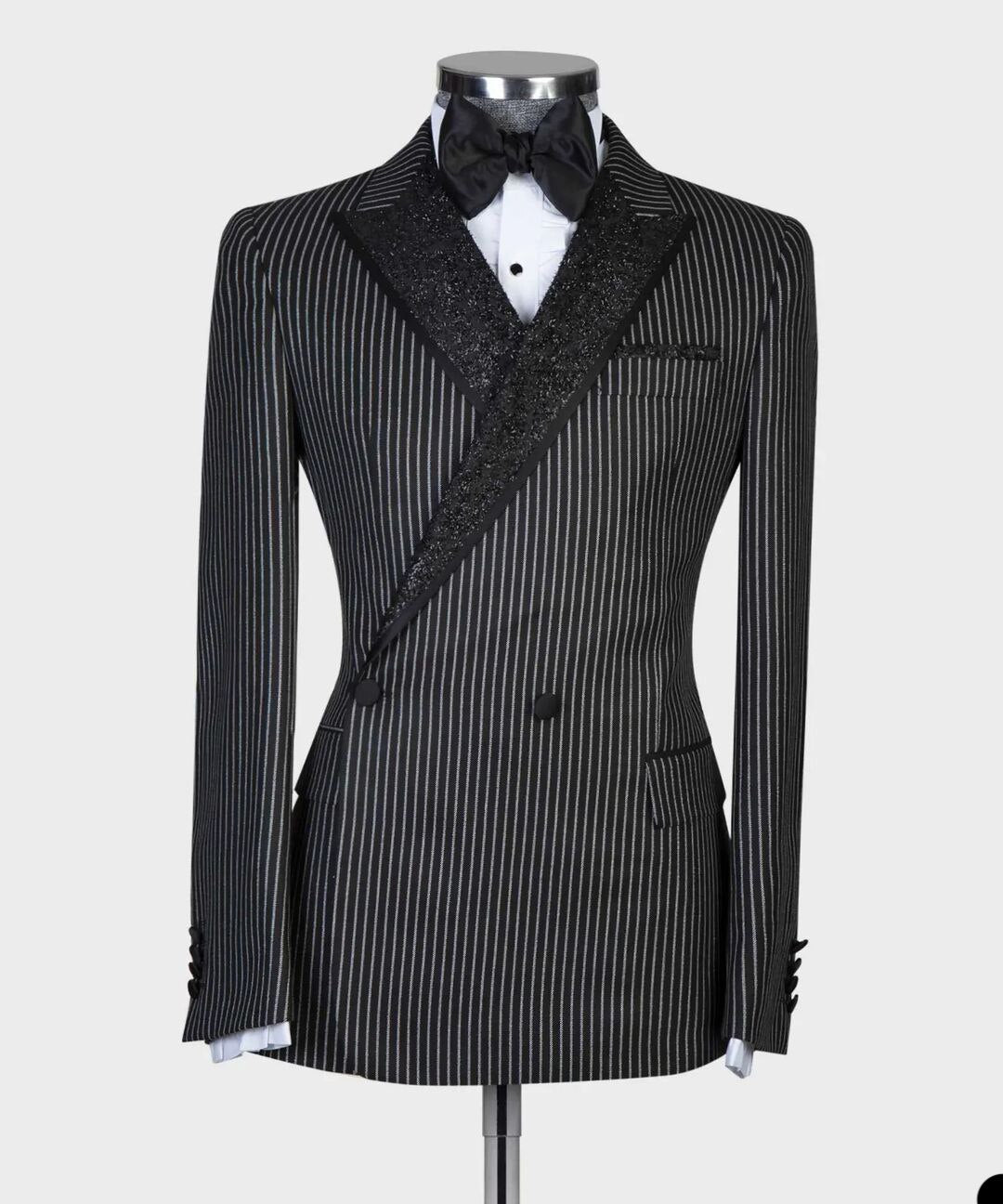 Two Pieces Men Suit Tailoe-Made Pinstripe Black Sequins Lapel Pants Double Breasted Wedding Business Formal Causal Prom Tailored