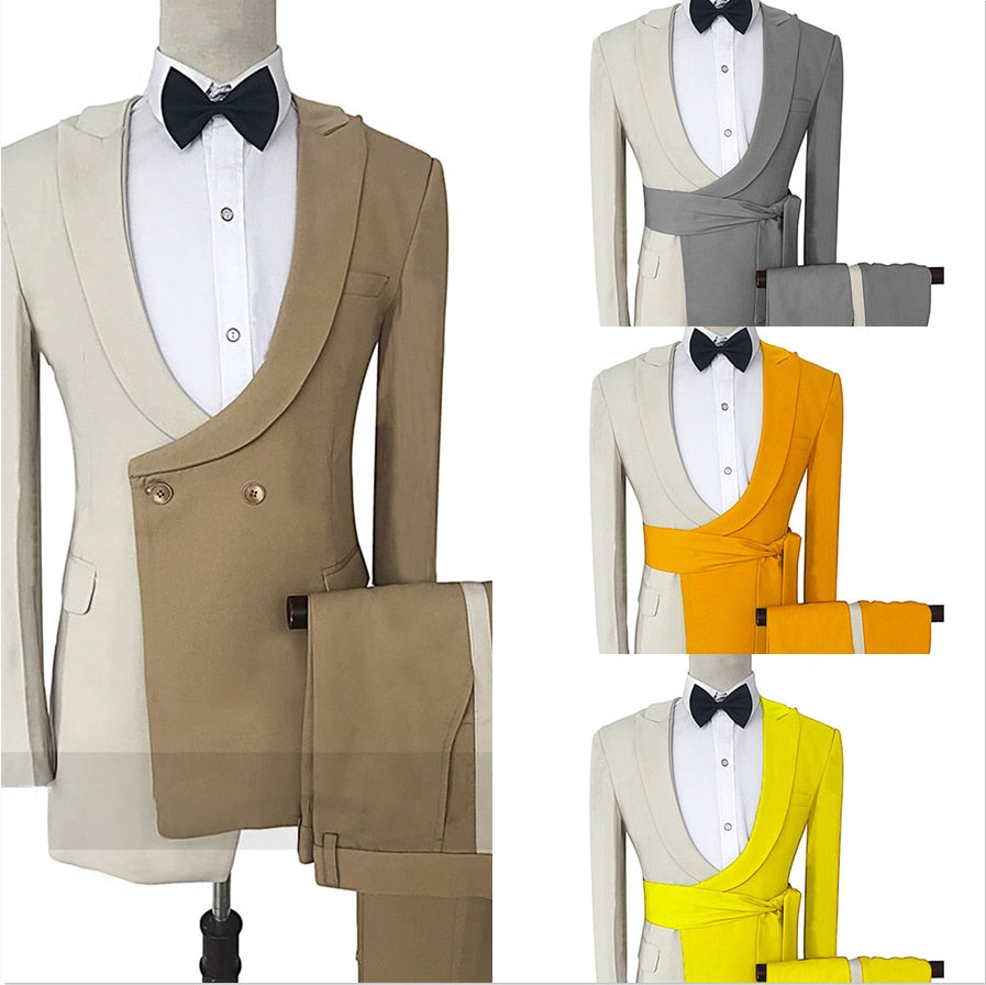 Two-pieces Color Contrast Men Suits Groom Tuxedos Lapel Custom Made Fit Slim Formal Party Long Suit Outerwear Outfit