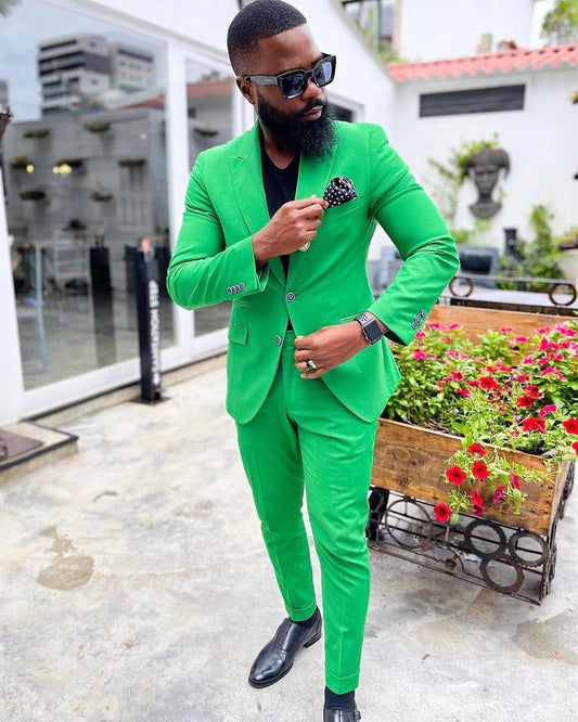 Vintage Bright Green Two Buttons Men Suits Groom Wedding Prom Party Costume Homme Slim Fit Blazer 2 Pieces Sets Custom Made