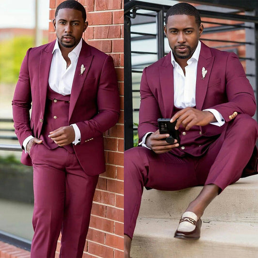 Ensemble de costumes de mariage 3 pièces bordeaux vintage pour hommes, un bouton, revers en pointe, blazer, sur mesure, tenue de soirée élégante et décontractée 