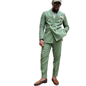 Vintage Green Wedding Tuxedos Peaked Lapel Men Double Breasted Suits Men Prom Party Outfit (Jacket+Pants)